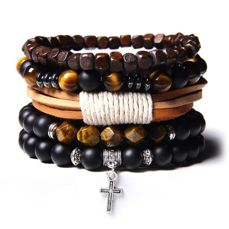 image-Natural Stone Bead Bracelet Set with Cross Charm Boho Style