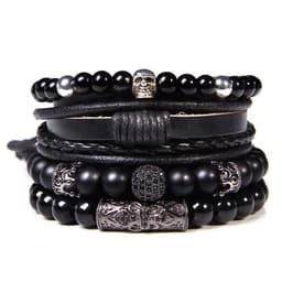 image-Natural Stone Bead Bracelet Set with Cross Charm Boho Style