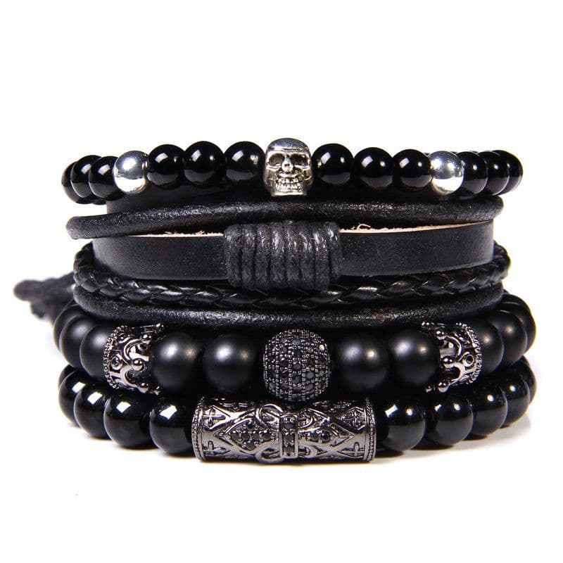 image-Natural Stone Bead Bracelet Set with Cross Charm Boho Style