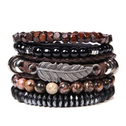 image-Natural Stone Bead Bracelet Set with Cross Charm Boho Style