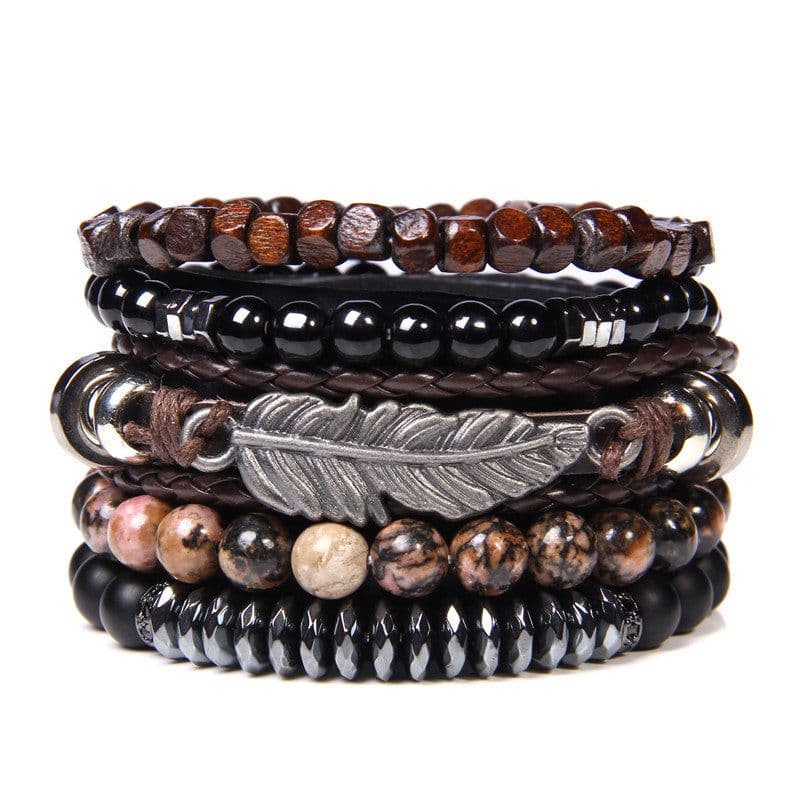 image-Natural Stone Bead Bracelet Set with Cross Charm Boho Style
