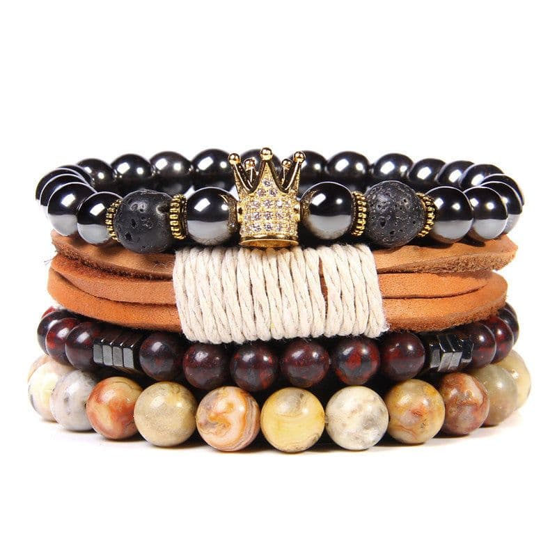 image-Natural Stone Bead Bracelet Set with Cross Charm Boho Style
