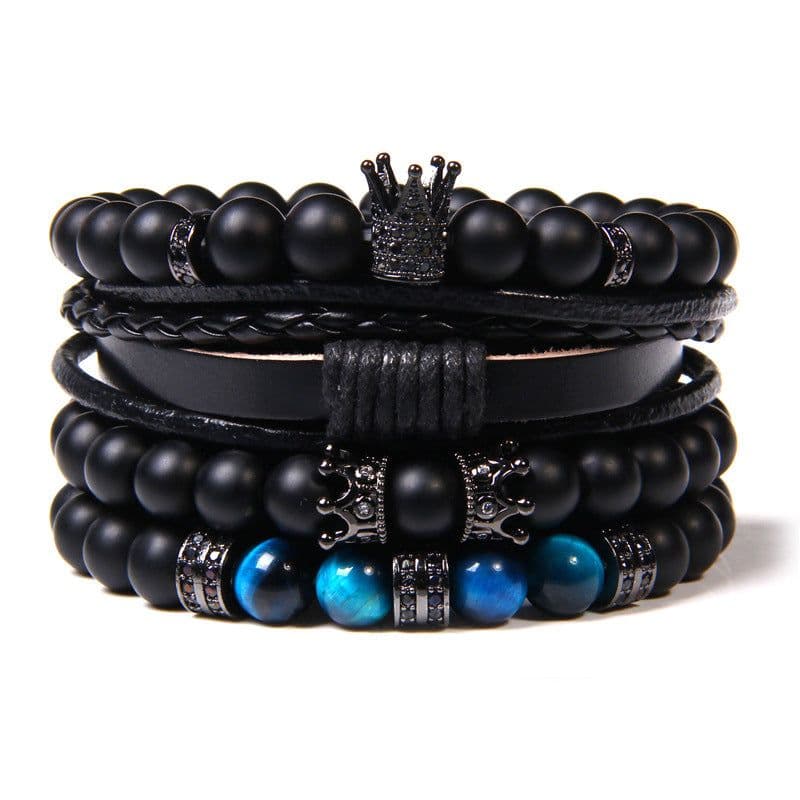 image-Natural Stone Bead Bracelet Set with Cross Charm Boho Style
