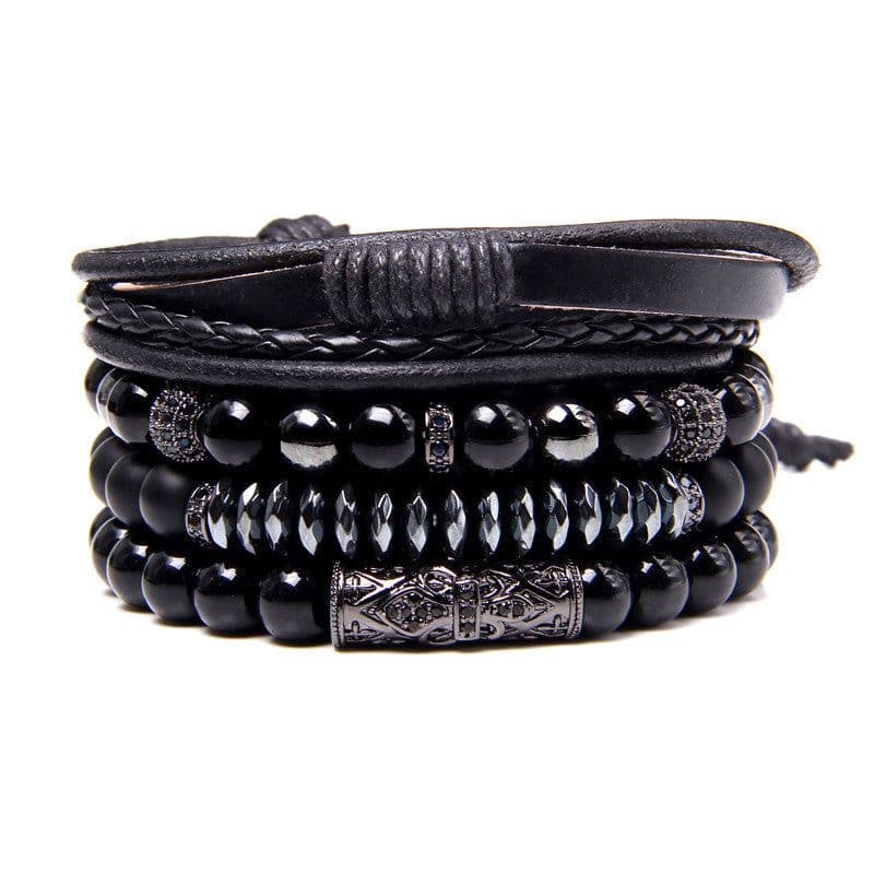 image-Natural Stone Bead Bracelet Set with Cross Charm Boho Style
