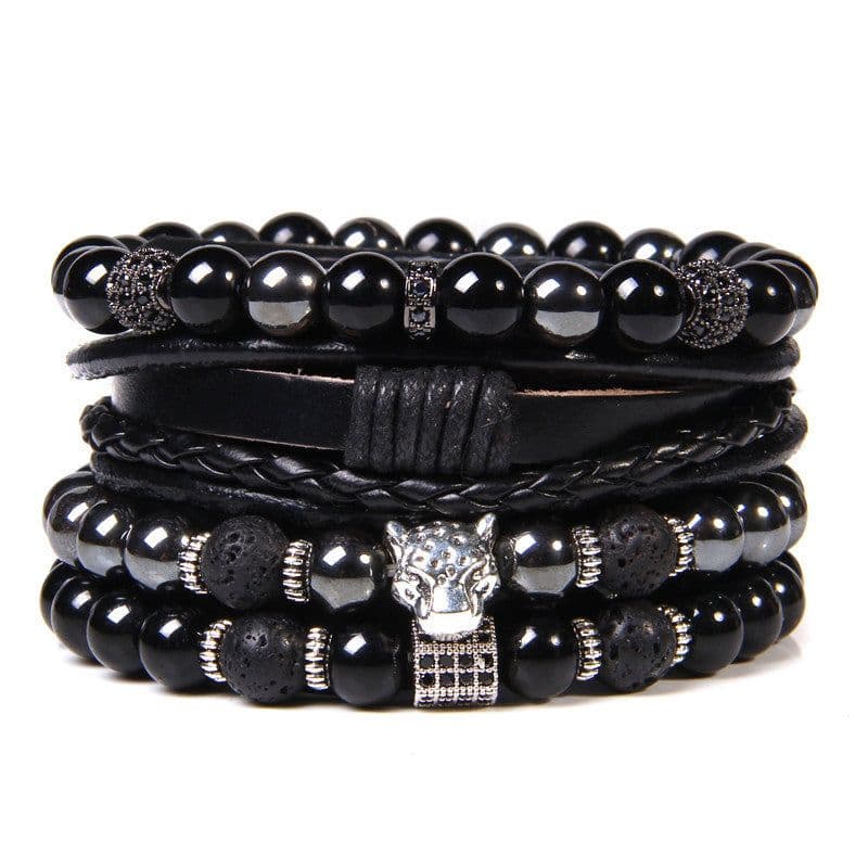 image-Natural Stone Bead Bracelet Set with Cross Charm Boho Style