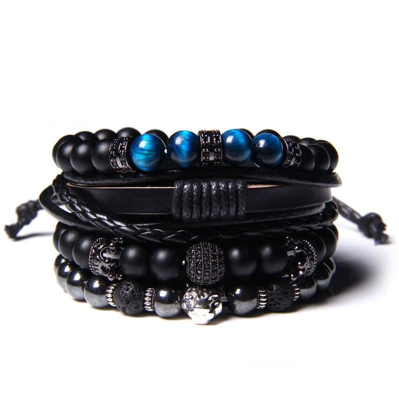 image-Natural Stone Bead Bracelet Set with Cross Charm Boho Style