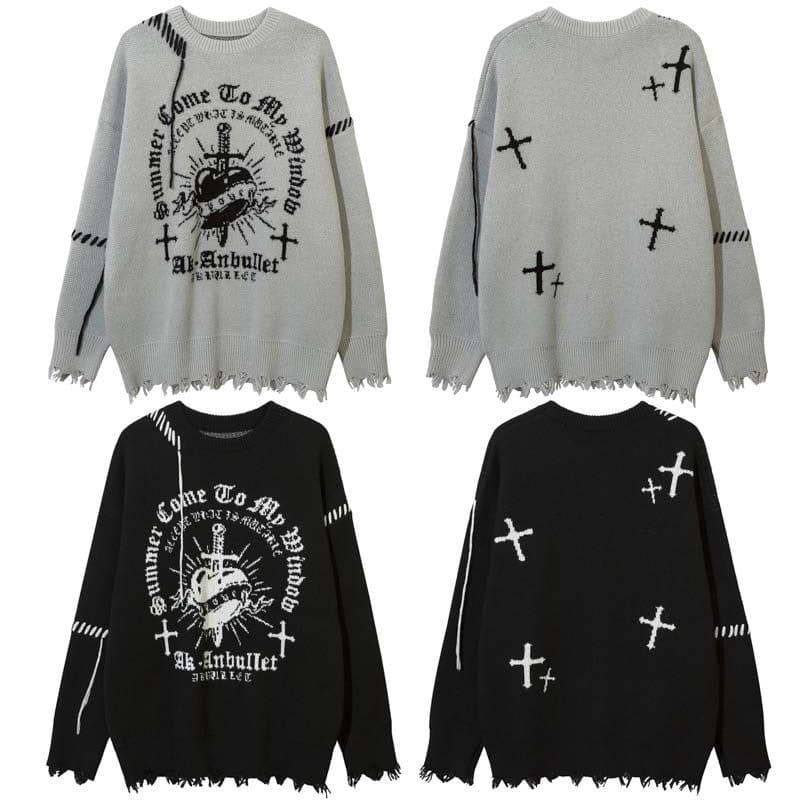 image-Men's Black Crew Neck Jacquard Sweater Loose Fit Long Sleeve