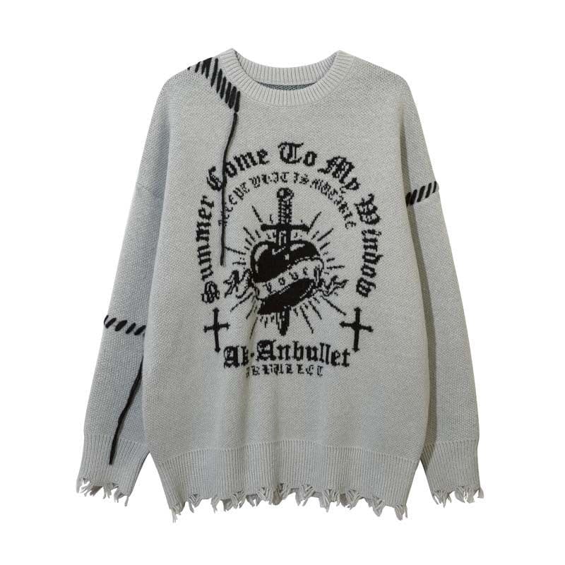 image-Men's Black Crew Neck Jacquard Sweater Loose Fit Long Sleeve