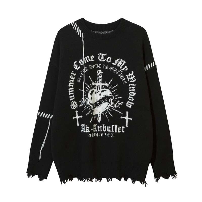 image-Men's Black Crew Neck Jacquard Sweater Loose Fit Long Sleeve