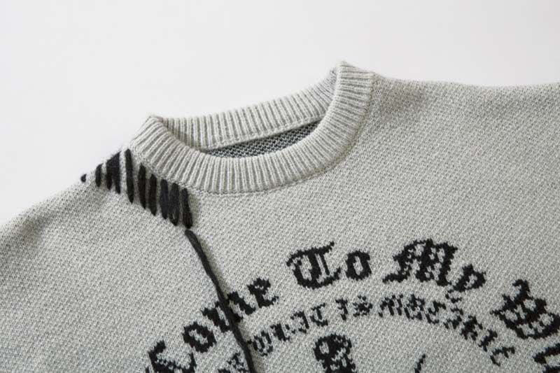 image-Men's Black Crew Neck Jacquard Sweater Loose Fit Long Sleeve