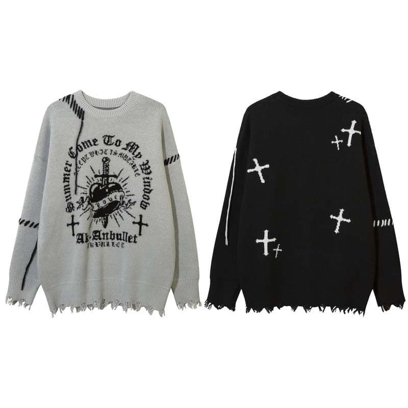image-Men's Black Crew Neck Jacquard Sweater Loose Fit Long Sleeve