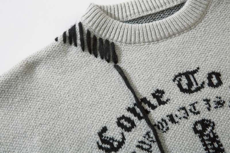 image-Men's Black Crew Neck Jacquard Sweater Loose Fit Long Sleeve