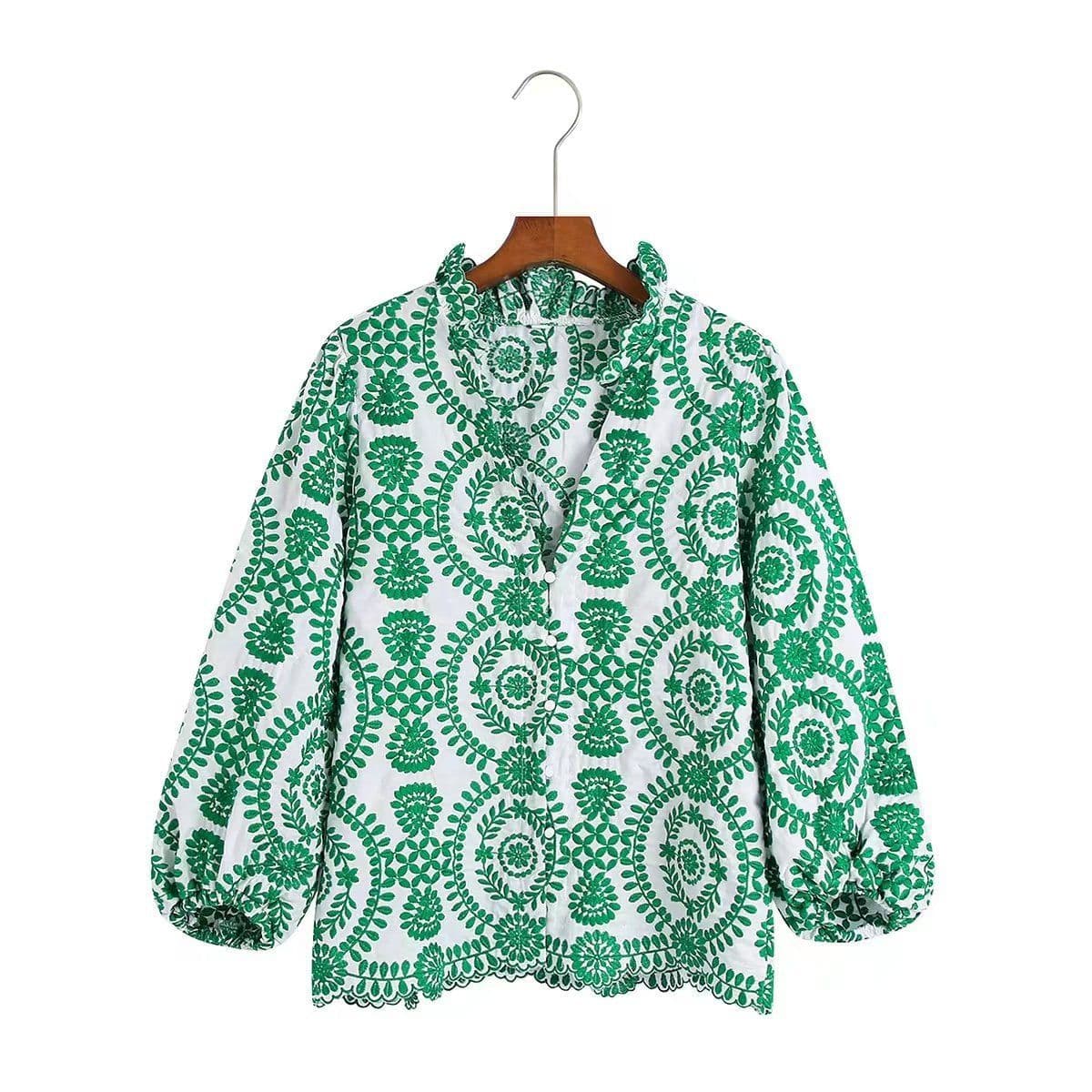 image-Women's Long Sleeve Green Embroidered Shirt 3641