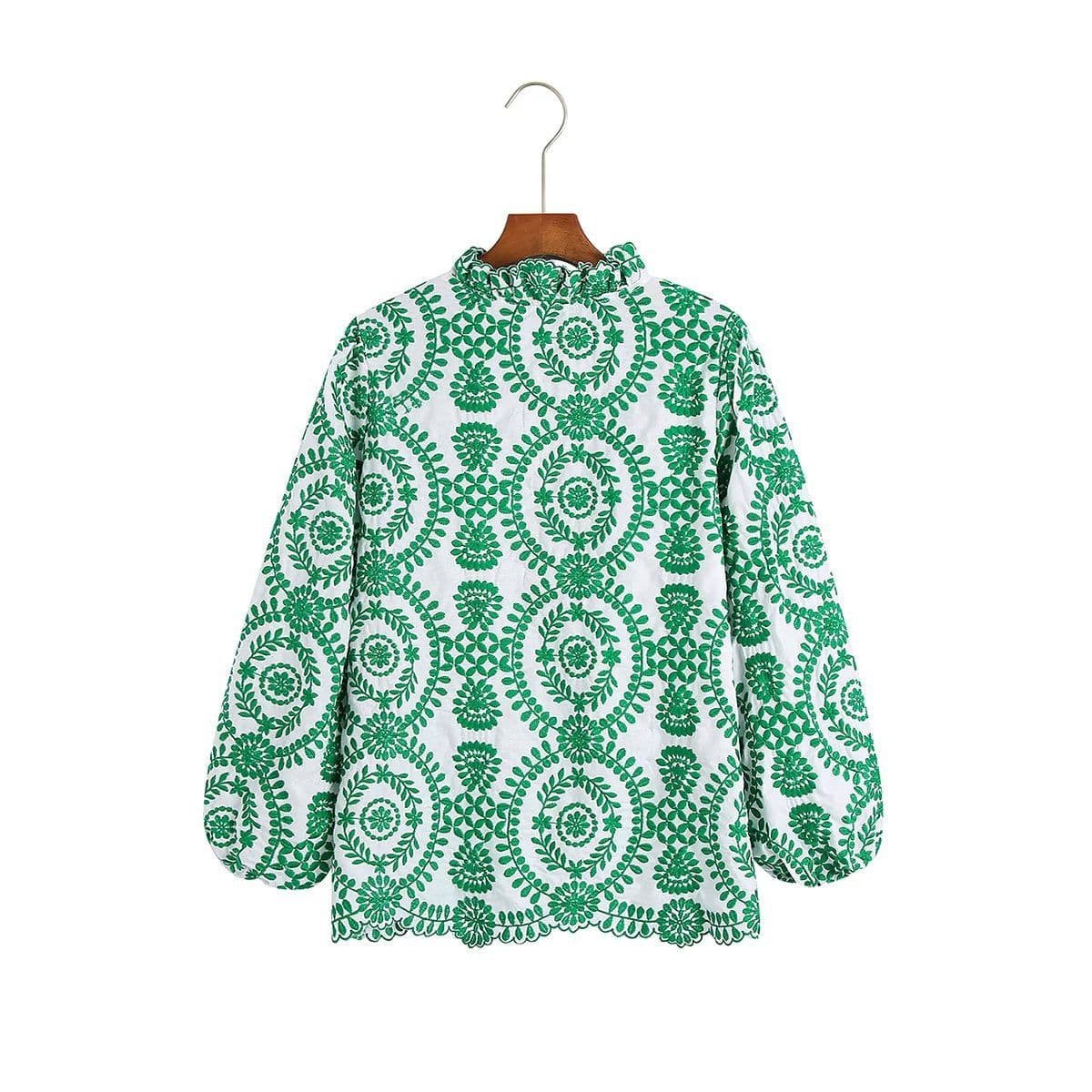 image-Women's Long Sleeve Green Embroidered Shirt 3641