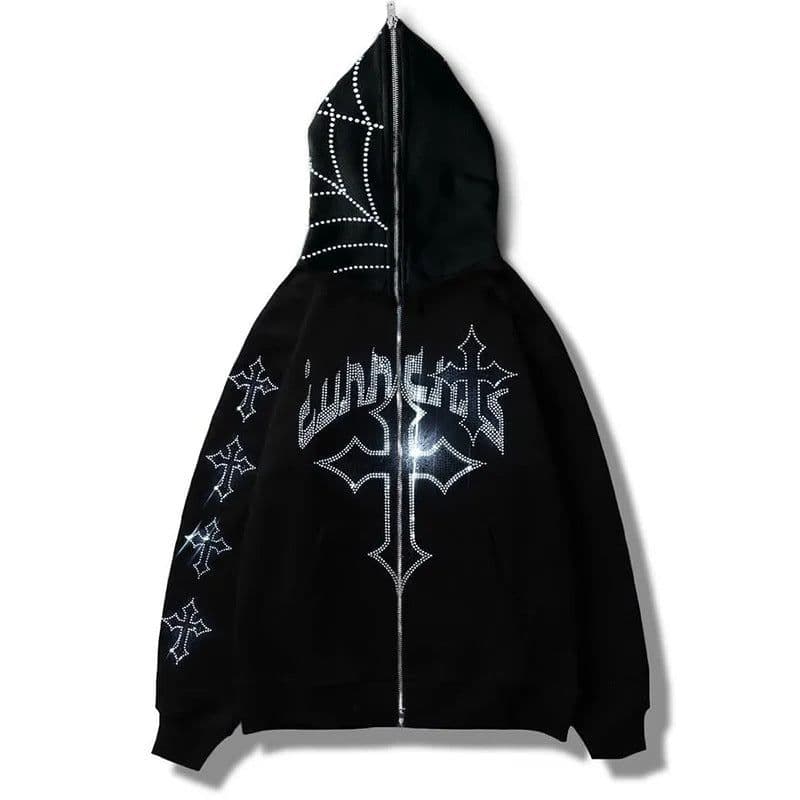 image-Women's Polyester Cardigan Sweater Black Rhinestone Zipper