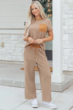 image-Khaki Stripe Crew Neck Tee Drawstring Waist Cropped Pants Set
