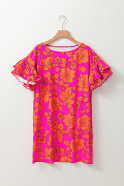 image-Pink Voluminous Ruffled Sleeve Floral Dress
