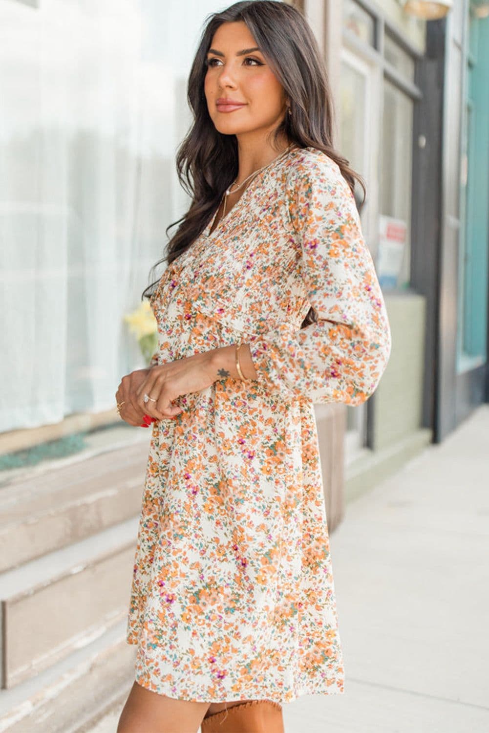 image-Yellow Floral Ruffled Empire Waist Mini Dress - Boho Style