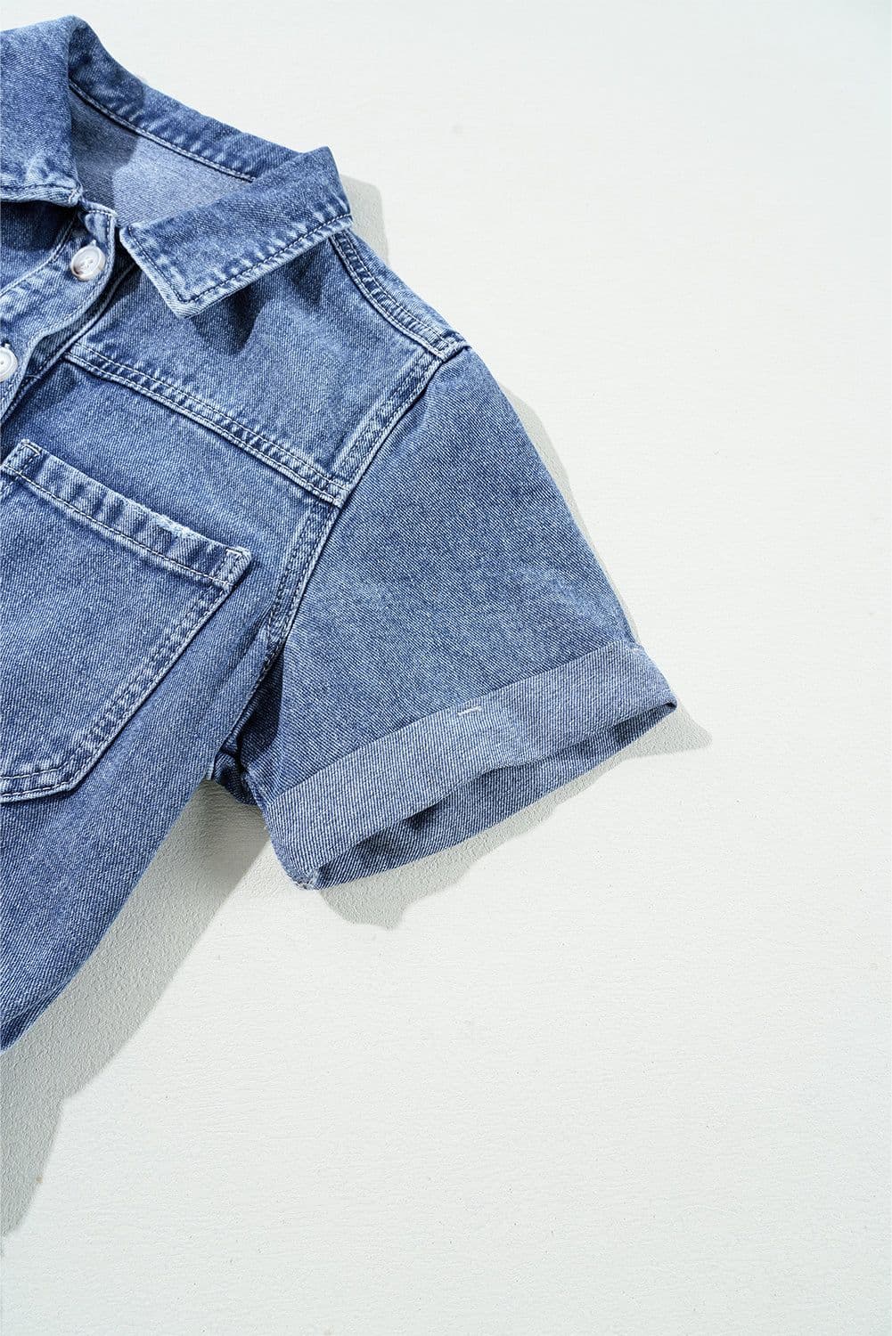 image-Denim Dusk Blue Romper Short Sleeves Folded Edge Button Front