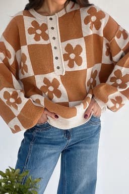 image-Thai Curry Flower Plaid Henley Baggy Sweater