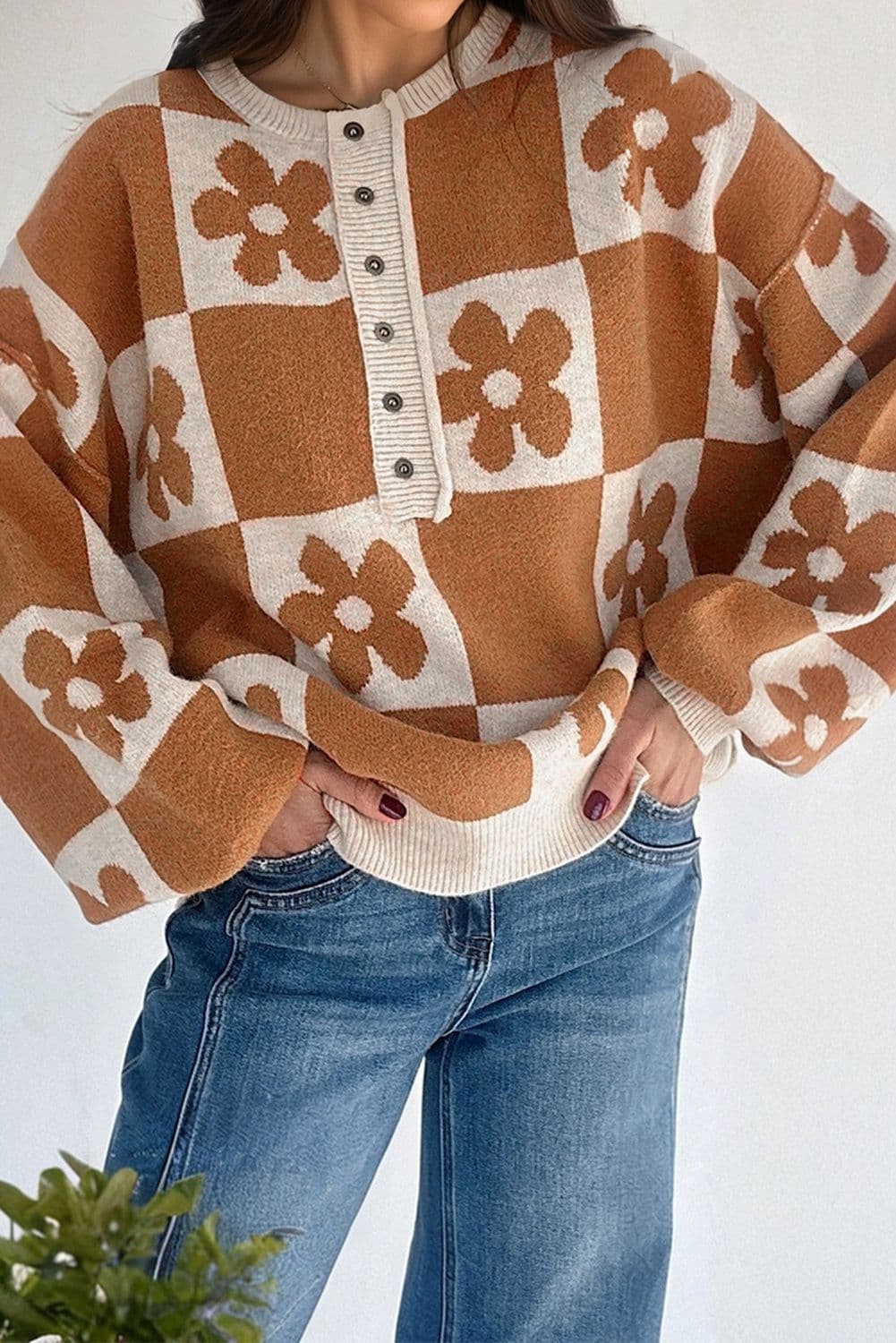 image-Thai Curry Flower Plaid Henley Baggy Sweater