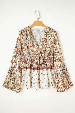 image-Yellow Floral Bell Sleeve Blouse With Peplum