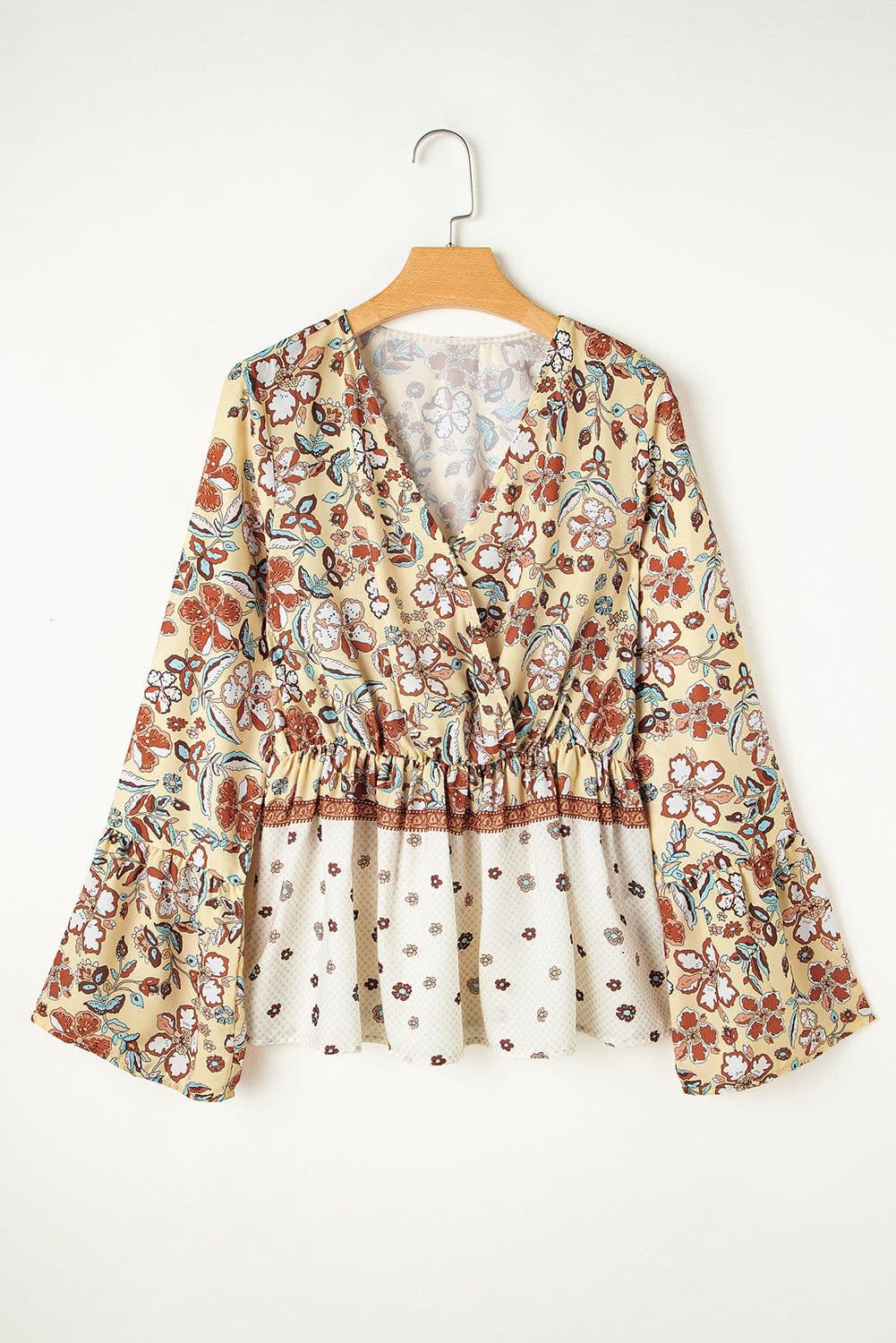 image-Yellow Floral Bell Sleeve Blouse With Peplum