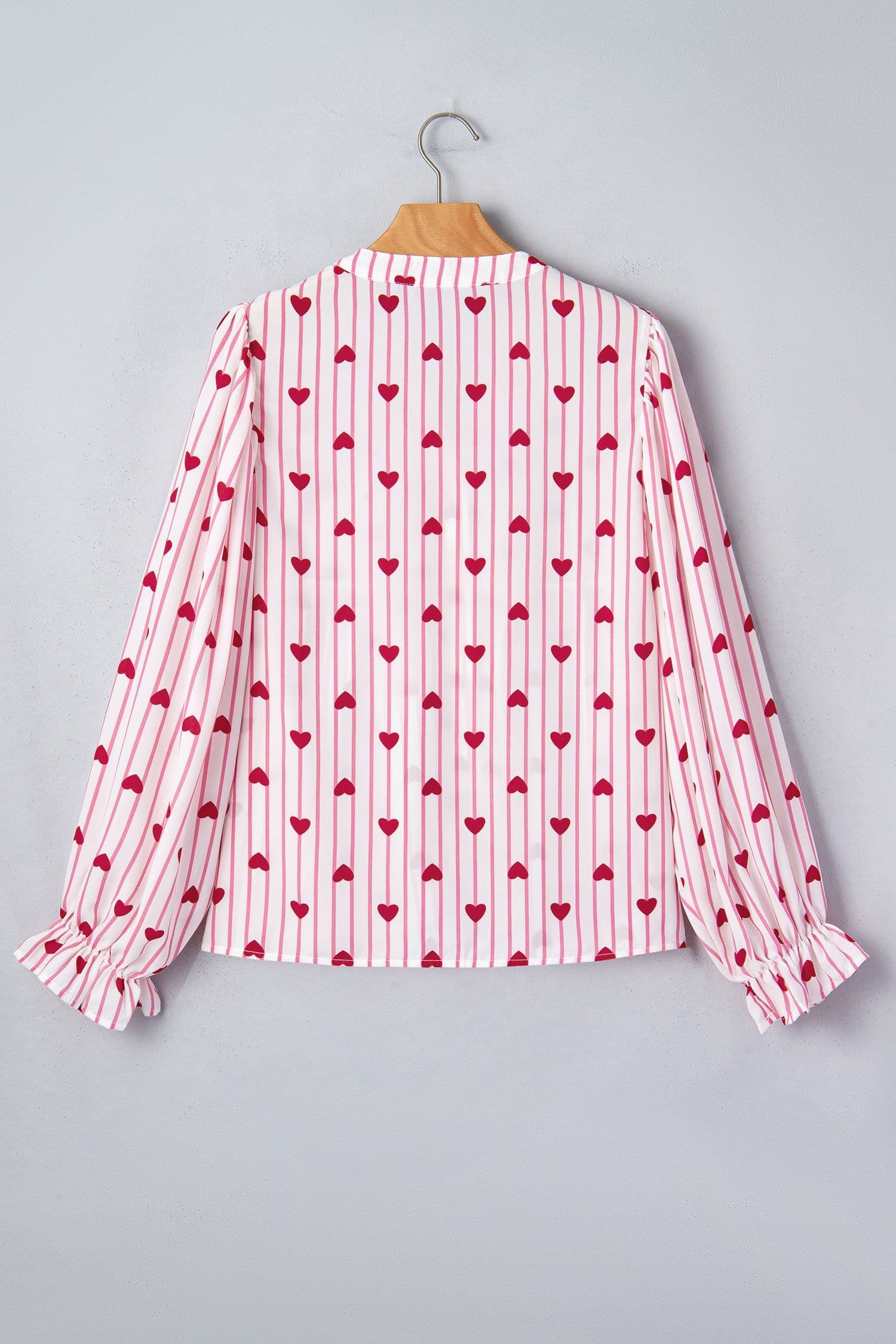 image-Pink Stripe Textured Heart Print Long Flounce Sleeve Shirt