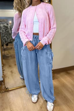 image-Beau Blue Drawstring Elastic Waist Pocketed Loose Denim Pants