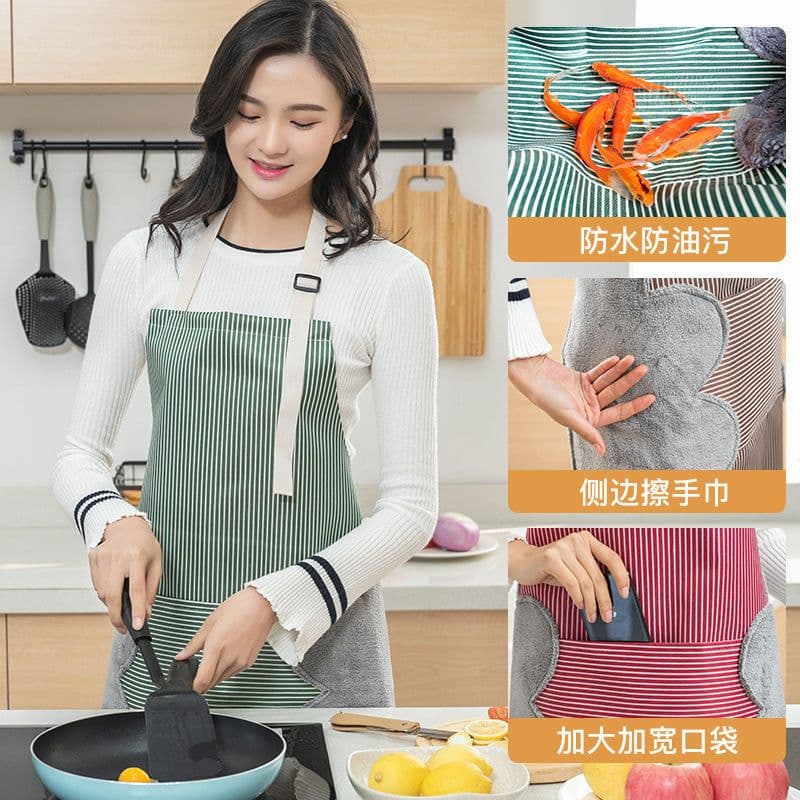 image-Adjustable Striped Cotton Apron with Oil-Proof Fabric
