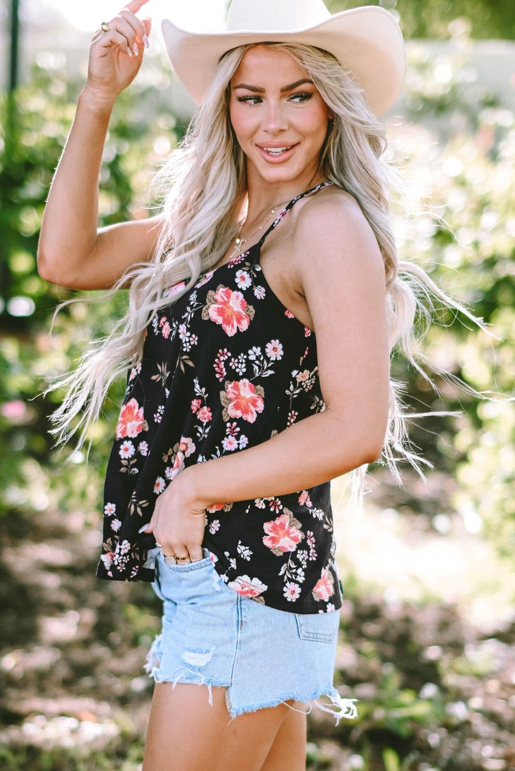 image-Black Floral Spaghetti Straps Strappy Back Tank Top