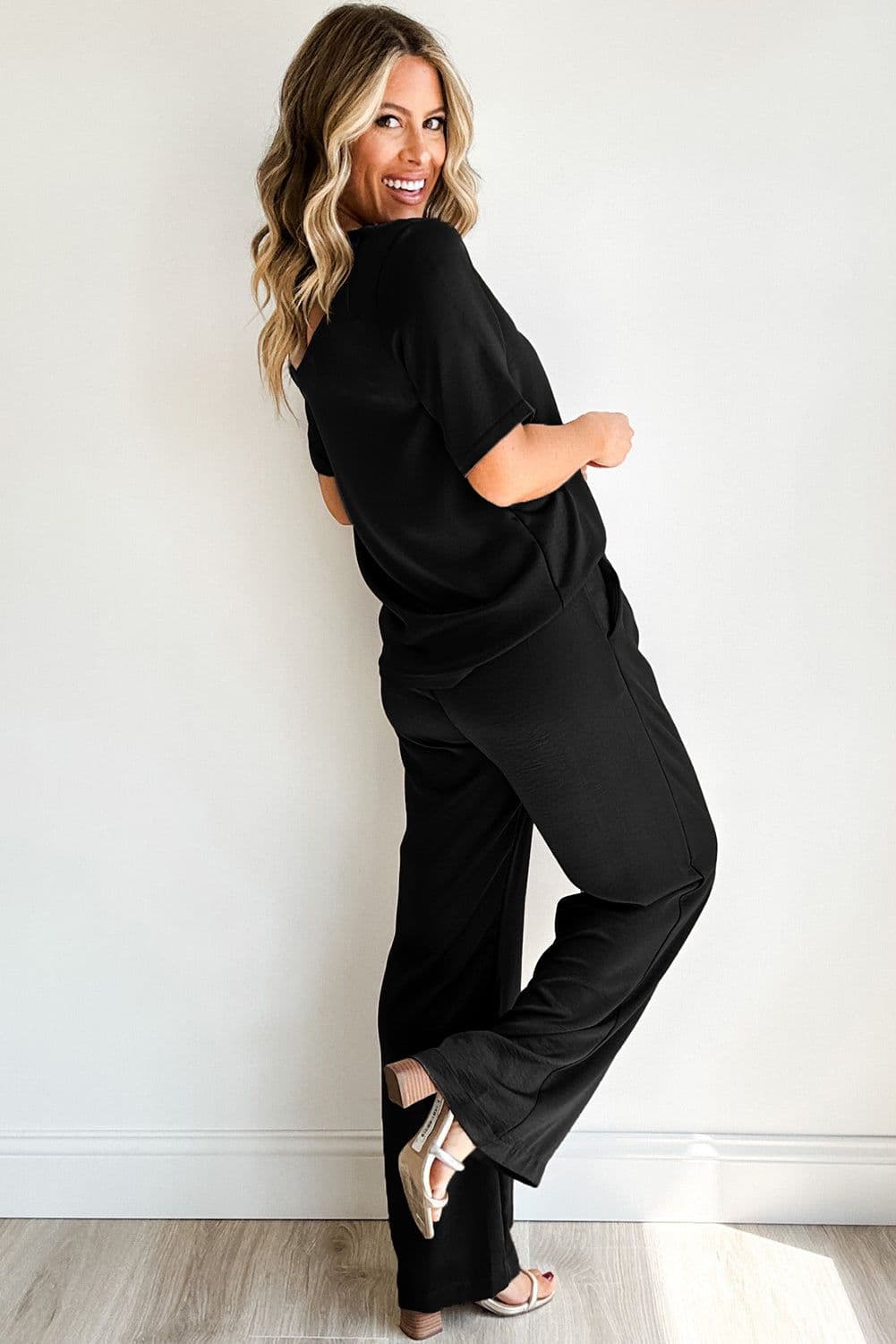 image-Solid Color T-Shirt & Wide Leg Pants Set - 2pcs - Comfortable Fabric