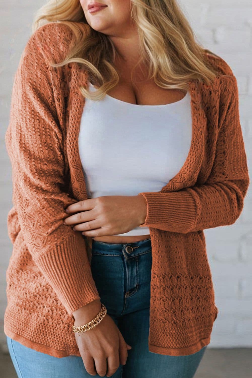 image-Redwood Plus Cardigan - Mixed Pattern Knitted - Open Front - Plus Size
