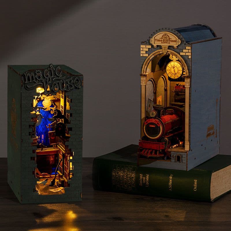 image-Ruotai Ruolai diy cabin cherry blossom tram creative three-dimensional bookend wooden puzzle ornaments gift for best friends