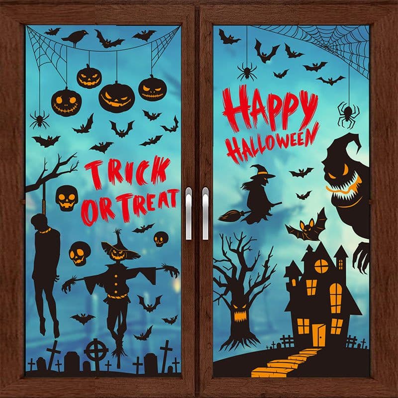 image-Halloween Window Sticker - Haunted House Pumpkin Ghost Bat