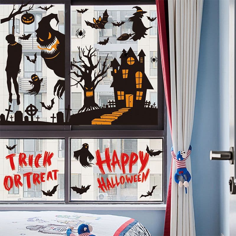image-Halloween Window Sticker - Haunted House Pumpkin Ghost Bat