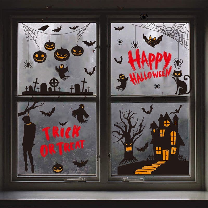 image-Halloween Window Sticker - Haunted House Pumpkin Ghost Bat