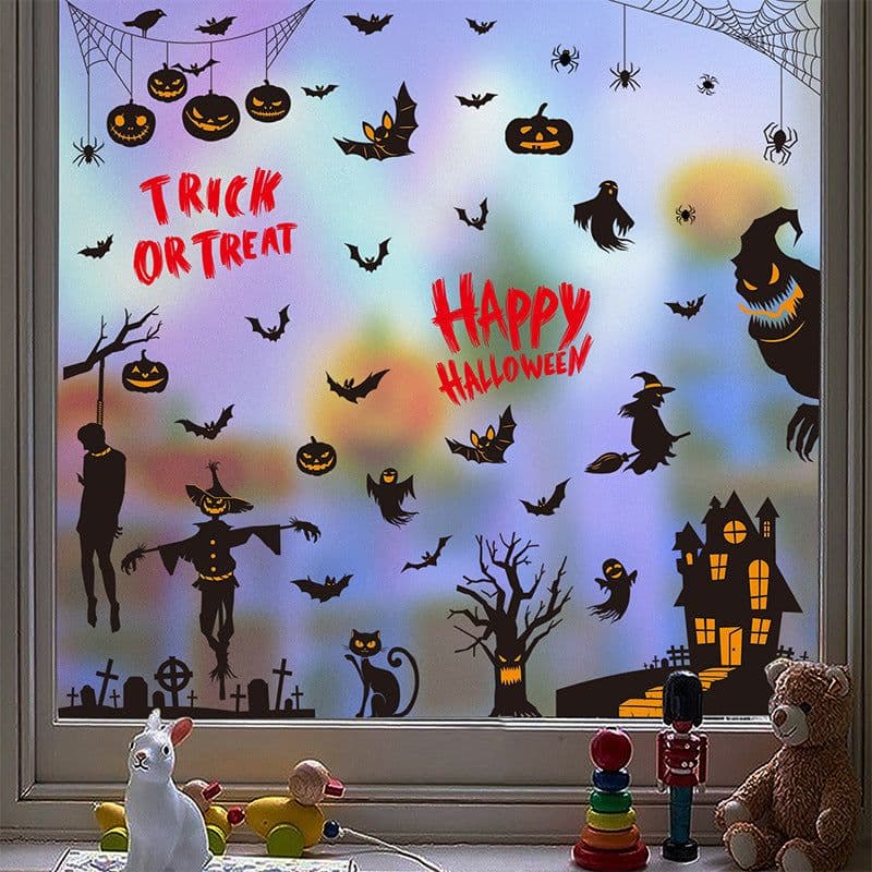 image-Halloween Window Sticker - Haunted House Pumpkin Ghost Bat