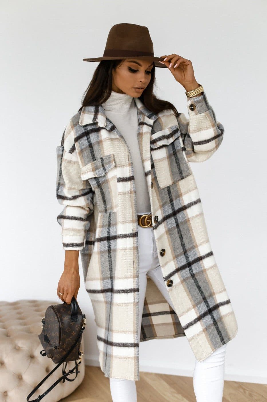image-Yi Pinxuan Women's Plaid Wool Coat - Brown XXL