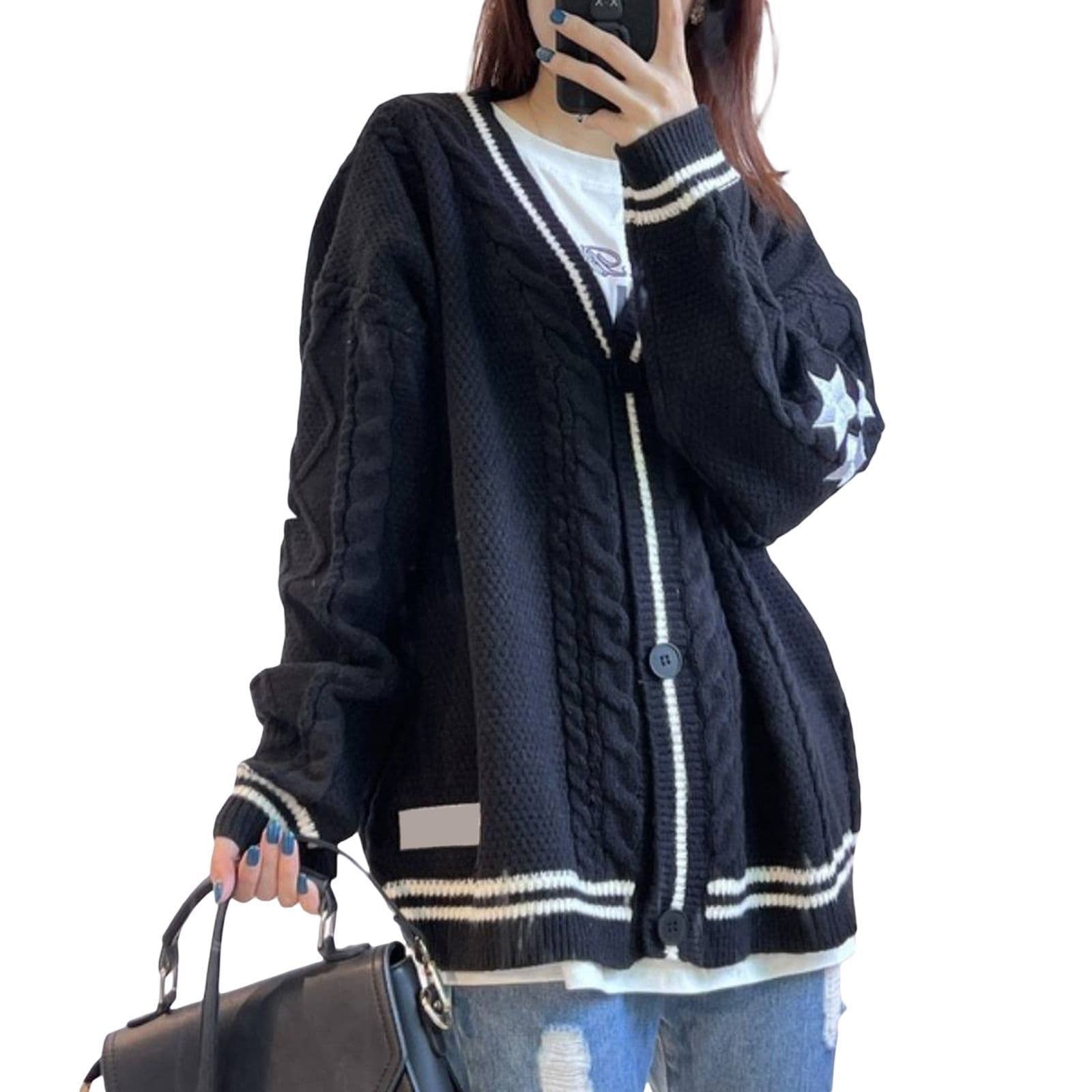 image-European and American clothing foreign trade autumn and winter AliExpress knitted embroidered cardigan temperament age-reducing loose casual sweater jacket