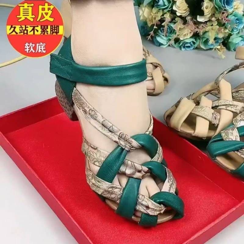 image-Thick-heeled sandals, women's genuine soft leather summer new ethnic style casual retro temperament dancing mid-heeled woven women's shoes