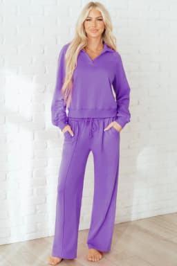 image-Wisteria Solid Color Collared Pullover and Central Seam Pants Set