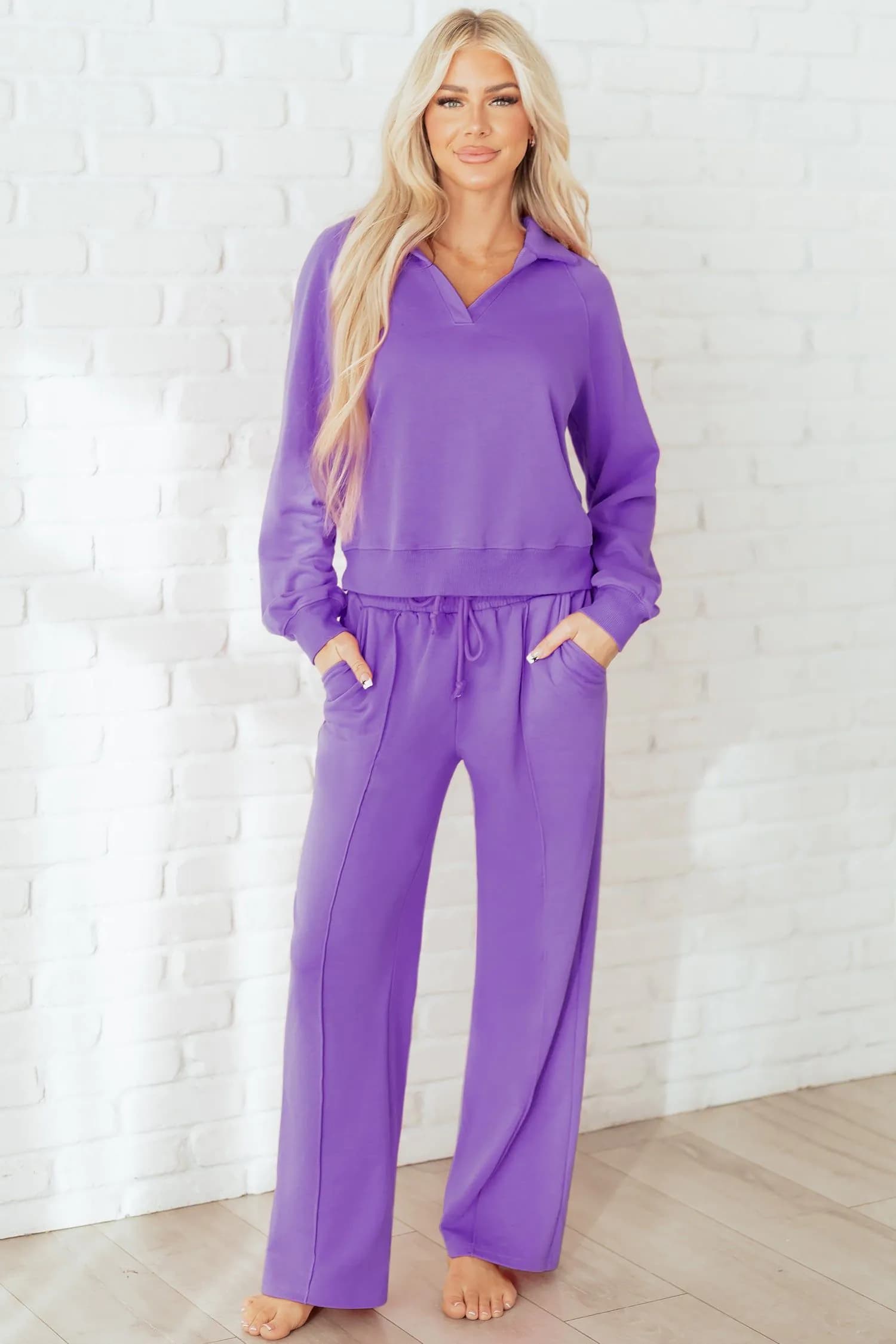 image-Wisteria Solid Color Collared Pullover and Central Seam Pants Set