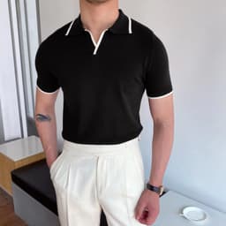 image-Casual Polo Shirt Men's Slim Fit Black Stripe