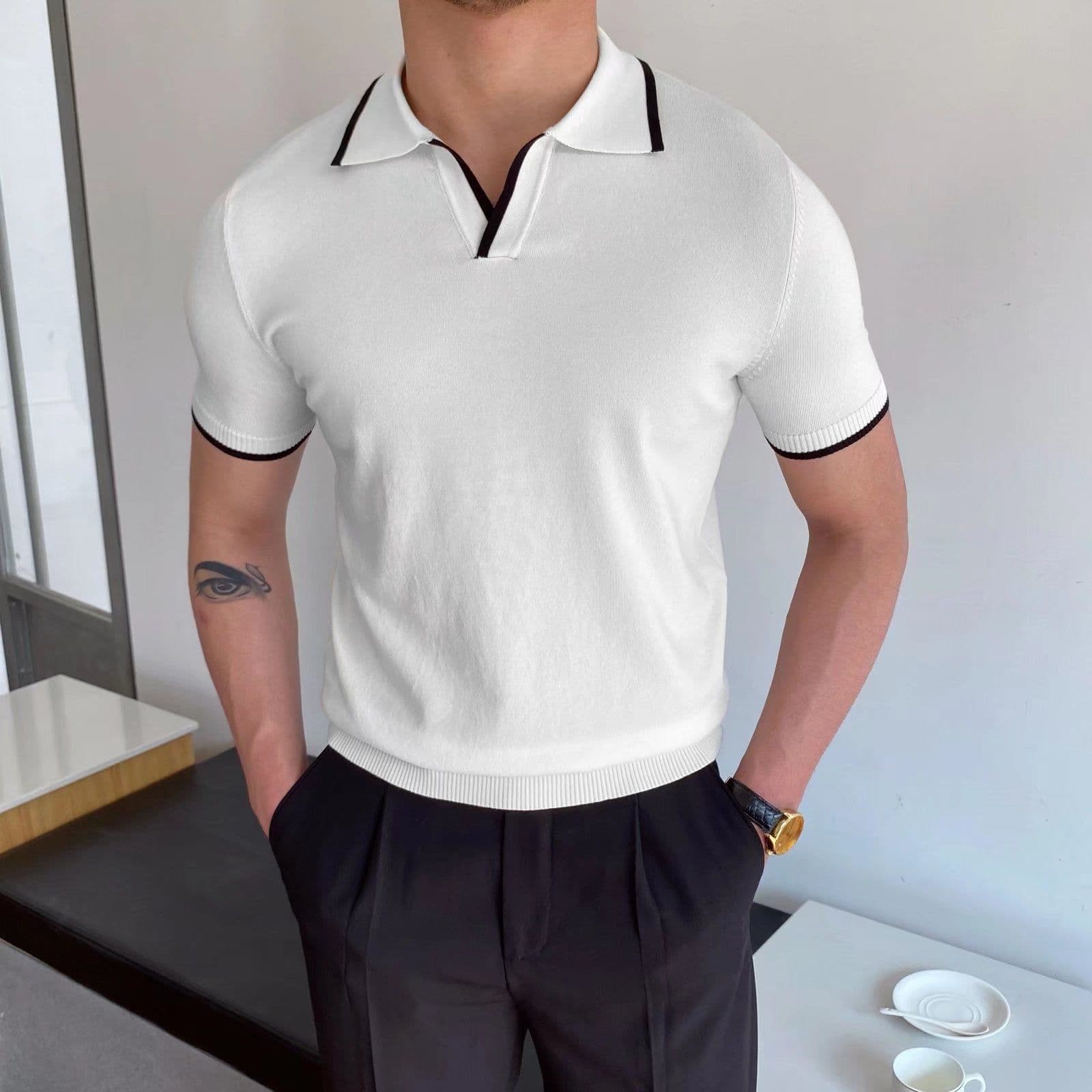 image-Casual Polo Shirt Men's Slim Fit Black Stripe
