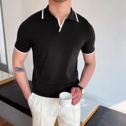 image-Casual Polo Shirt Men's Slim Fit Black Stripe