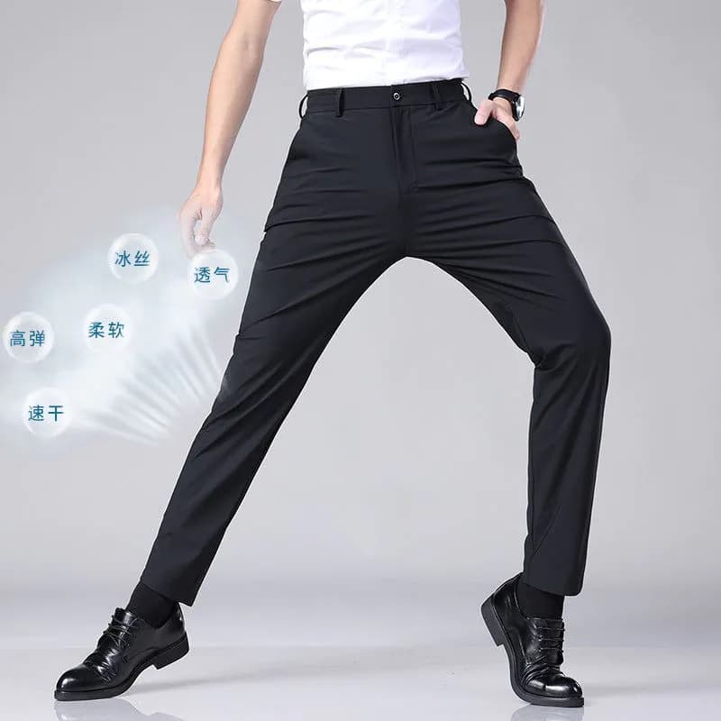 image-Men's Ice Silk Summer Trousers - Blue High Elastic