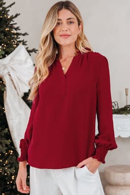image-Burgundy Long Sleeve Blouse Shirred Cuff V-Neck