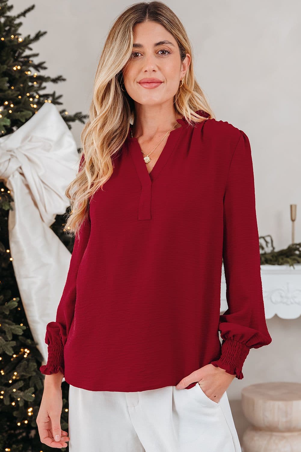 image-Burgundy Long Sleeve Blouse Shirred Cuff V-Neck
