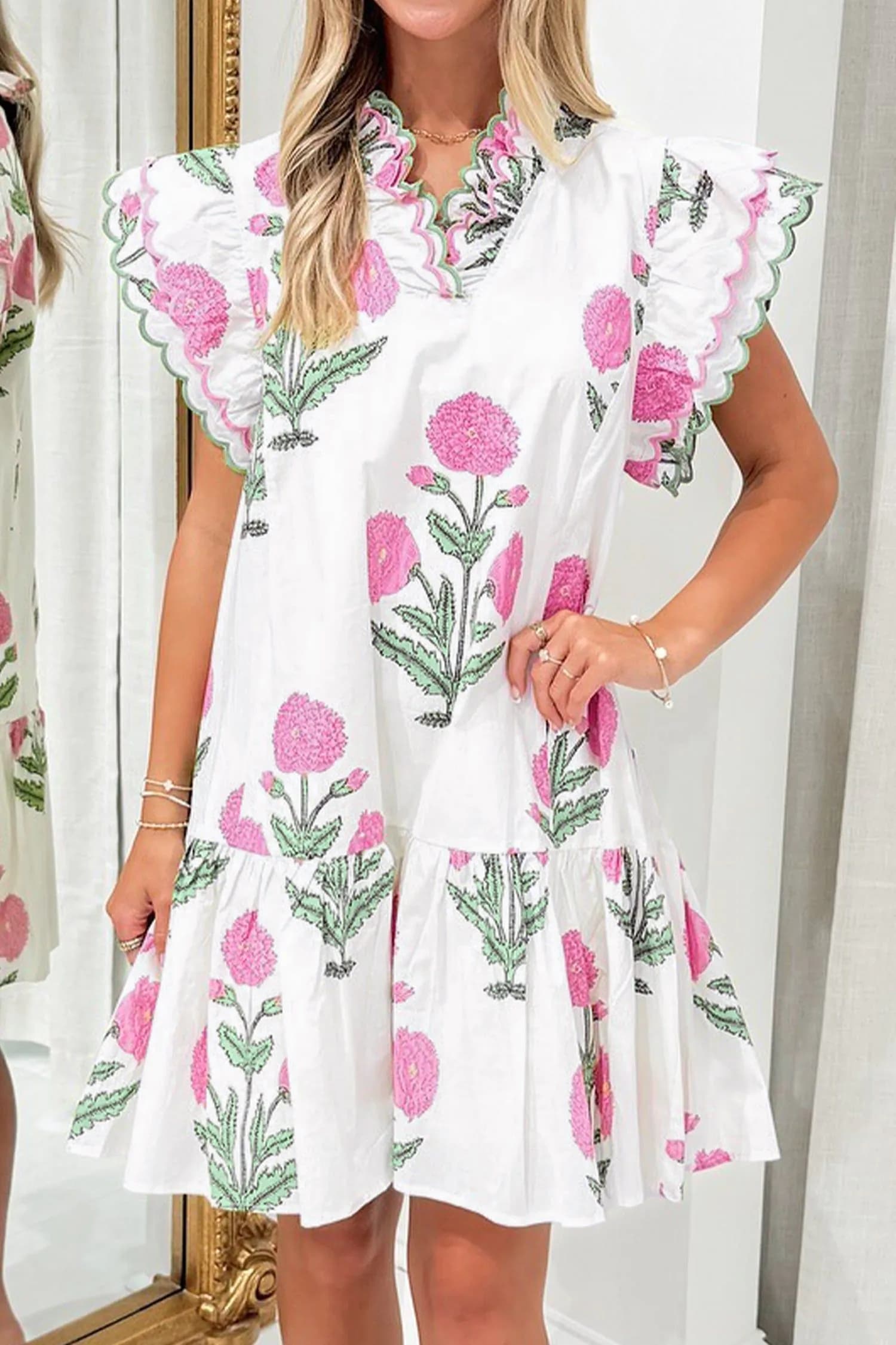 image-White Floral Print V Neck Mini Dress Scalloped Trim